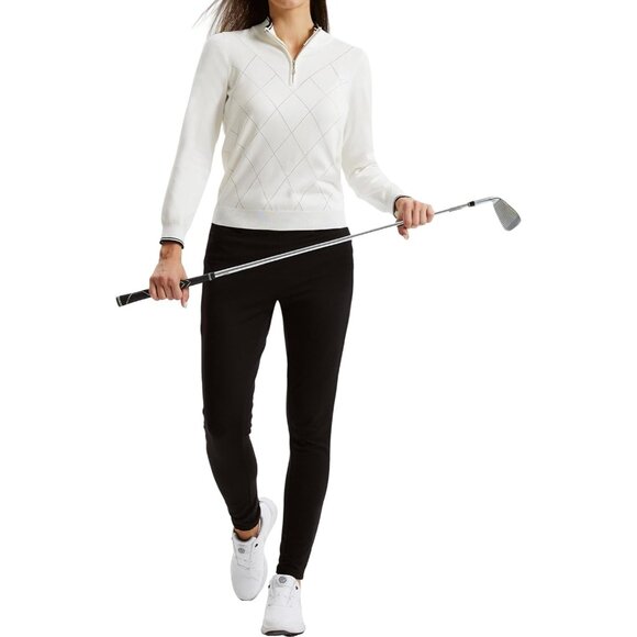 Sweaters for Women Long Sleeve Quarter Zipper Collar Polo Ribbed Knit Golf Tops - Picture 2 of 7